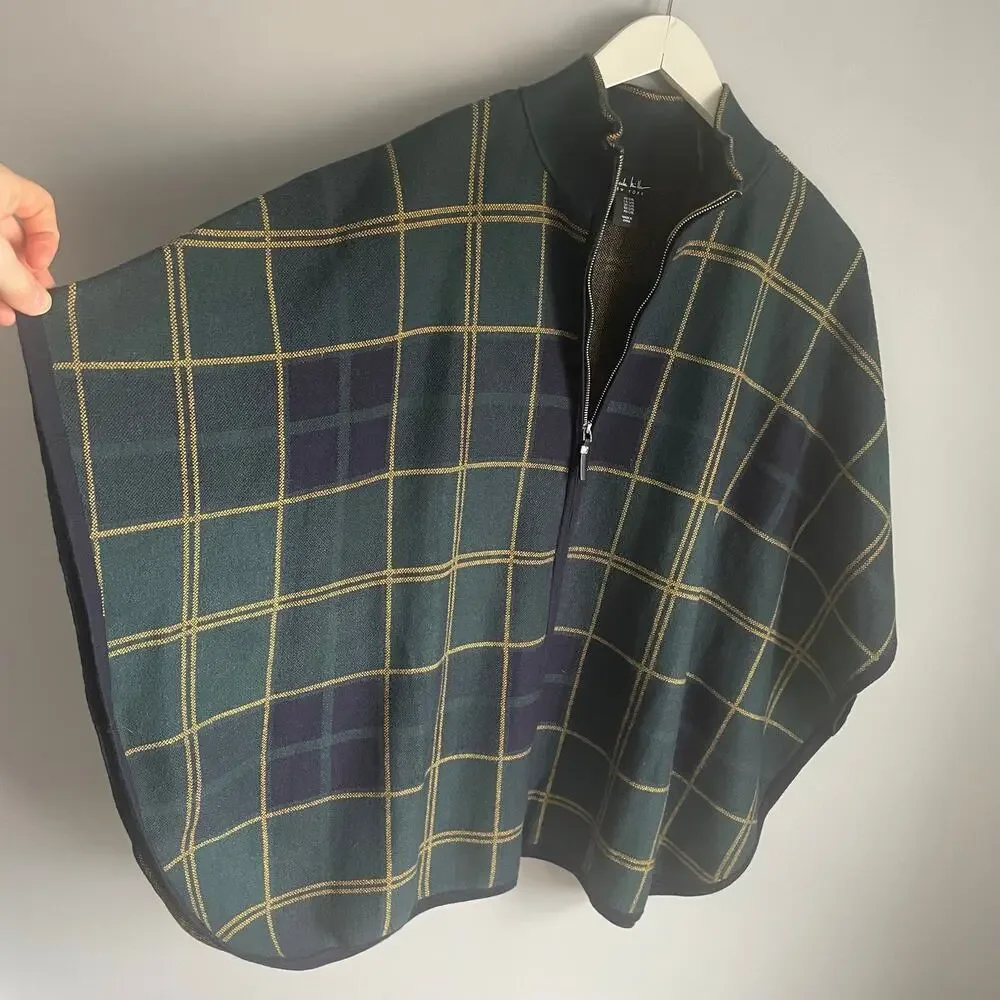 Nicole Miller Poncho Plaid Green Equestrian Academia Preppy Heritage size L/XL - Picture 4 of 5